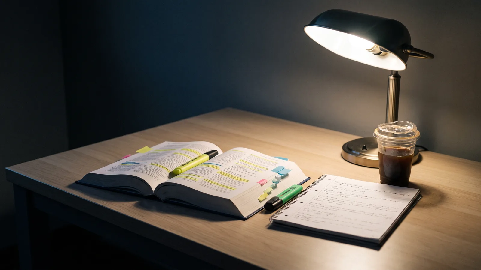 Manuel de révision ouvert et couvert de surligneurs sur une table en bois, à côté d'un cahier de notes et d'une lampe de bureau allumée, le reste de la pièce dans la pénombre.