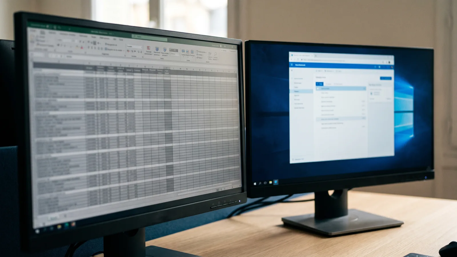 Deux écrans côte à côte sur un bureau clair, l'un affichant une grille de tableur surchargée, l'autre une interface épurée.