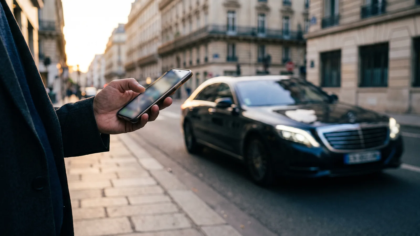 Une main tient un smartphone à l'écran illisible sur un trottoir parisien, une berline noire approche au second plan, floutée par le mouvement.