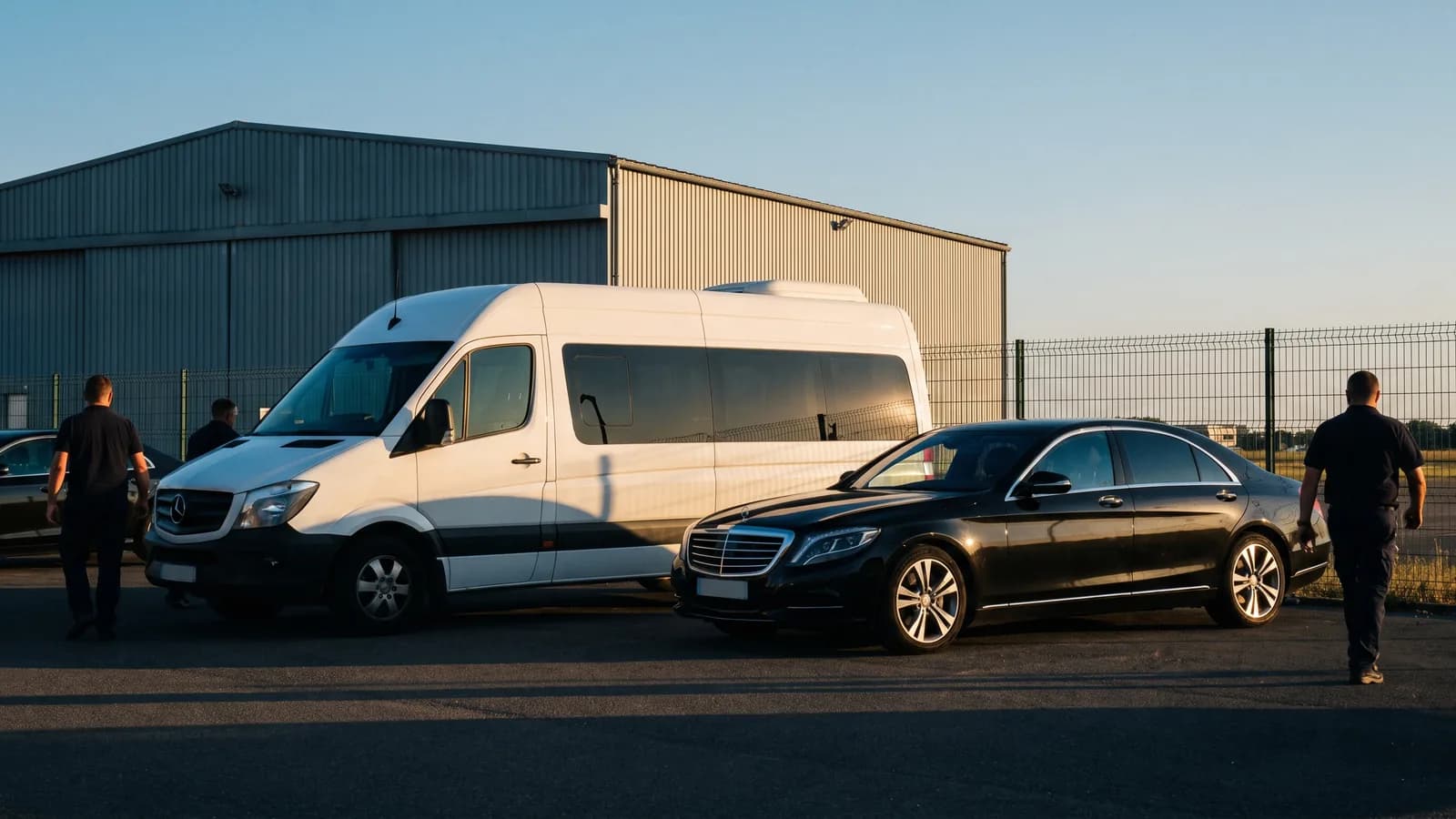 Un minibus blanc de neuf places et une berline noire stationnés côte à côte sur le parking d'un dépôt de transport, au lever du jour.