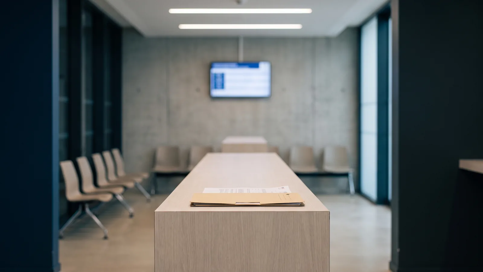 Comptoir de guichet dans un hall administratif, une chemise cartonnée posée dessus, rangée de chaises vides en arrière-plan.