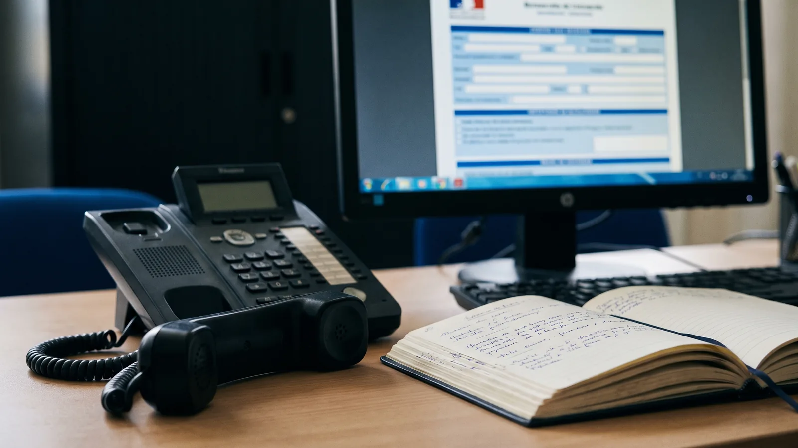 Téléphone fixe de bureau avec le combiné décroché, à côté d'un carnet ouvert et d'un écran affichant un formulaire flou.