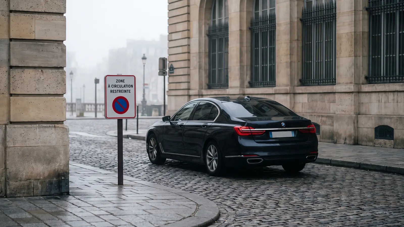 Une berline noire arrêtée devant un panneau de signalisation de zone à circulation restreinte, dans une rue de centre-ville en pierre claire.