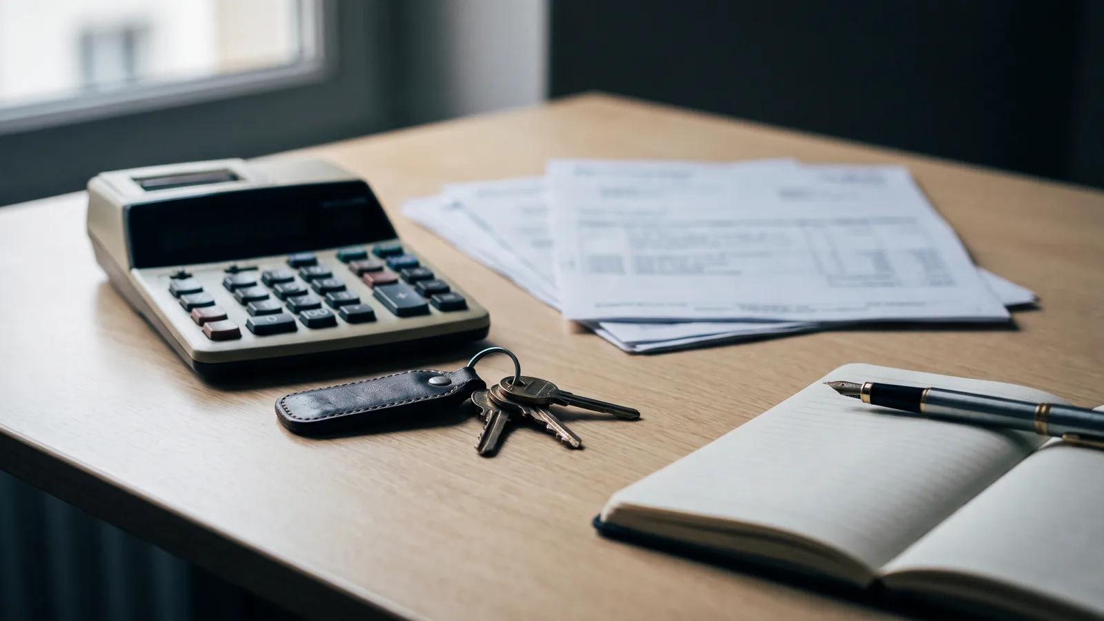 Calculatrice de bureau, pile de relevés imprimés, trousseau de clés de voiture et carnet ouvert sur un plan de travail clair.