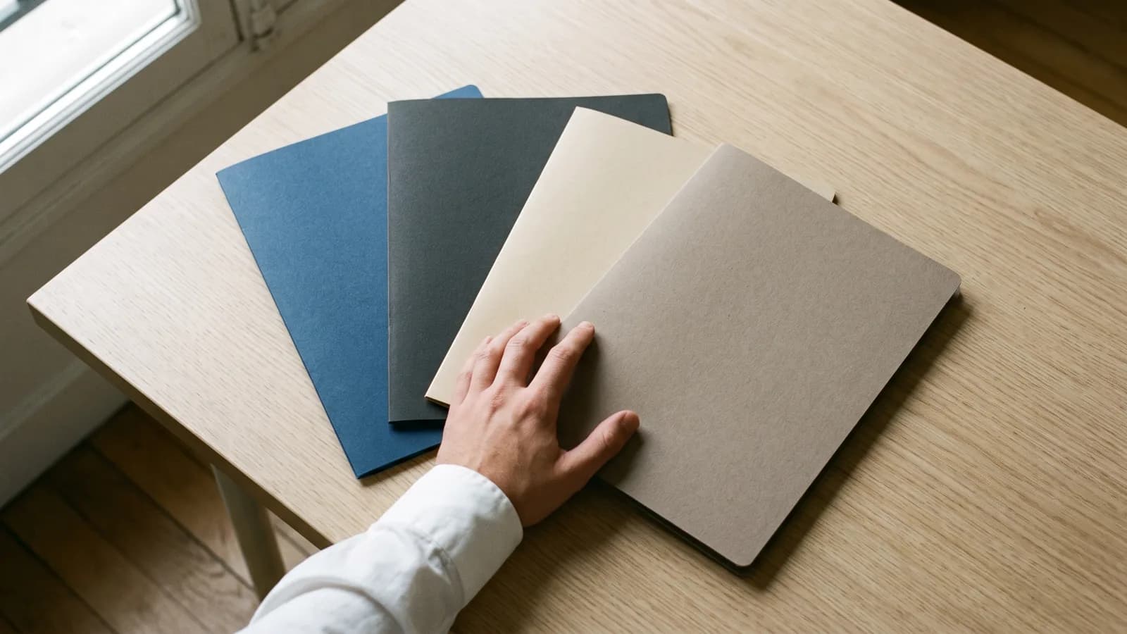 Vue du dessus de quatre chemises cartonnées de couleurs différentes disposées en éventail sur un bureau, une main se pose sur l'une d'elles.