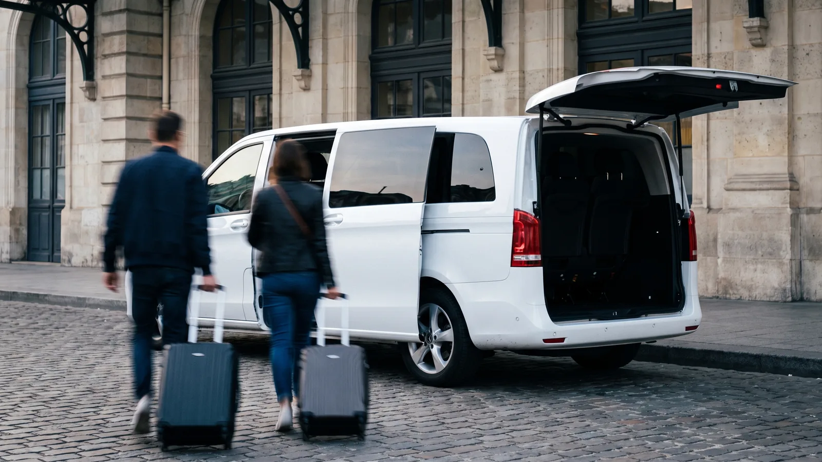 Un minibus blanc de neuf places, portes et coffre ouverts, stationné sur le parvis pavé d'une gare, deux voyageurs vus de dos s'en approchent avec des valises.