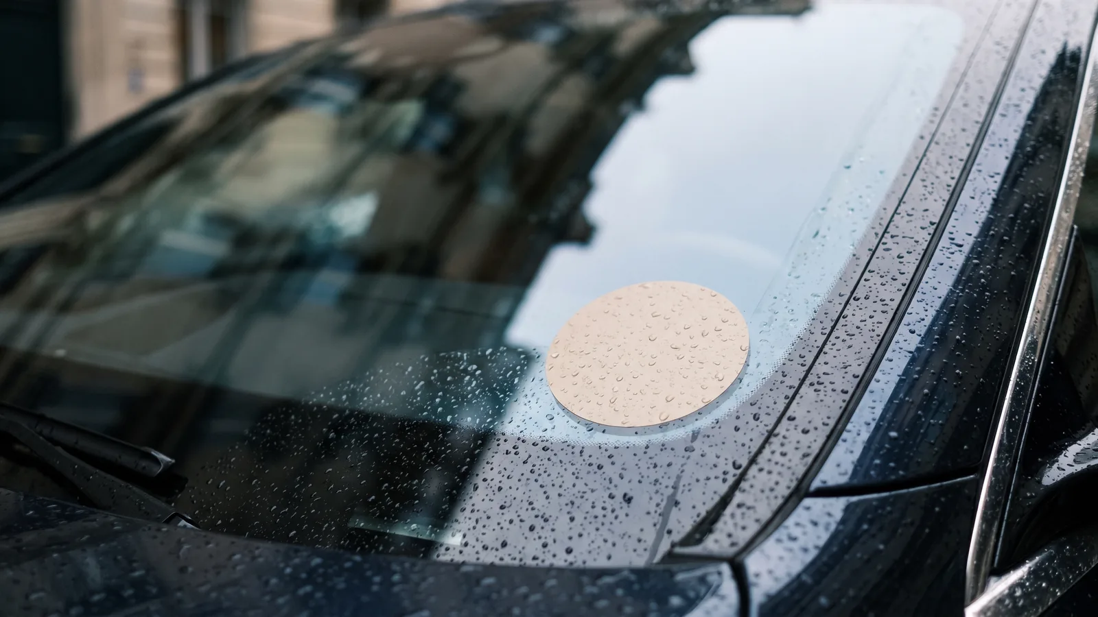 Gros plan sur le bas d'un pare-brise de berline, un macaron rond sans inscription collé dans le coin, reflet flou d'une rue dans le verre.