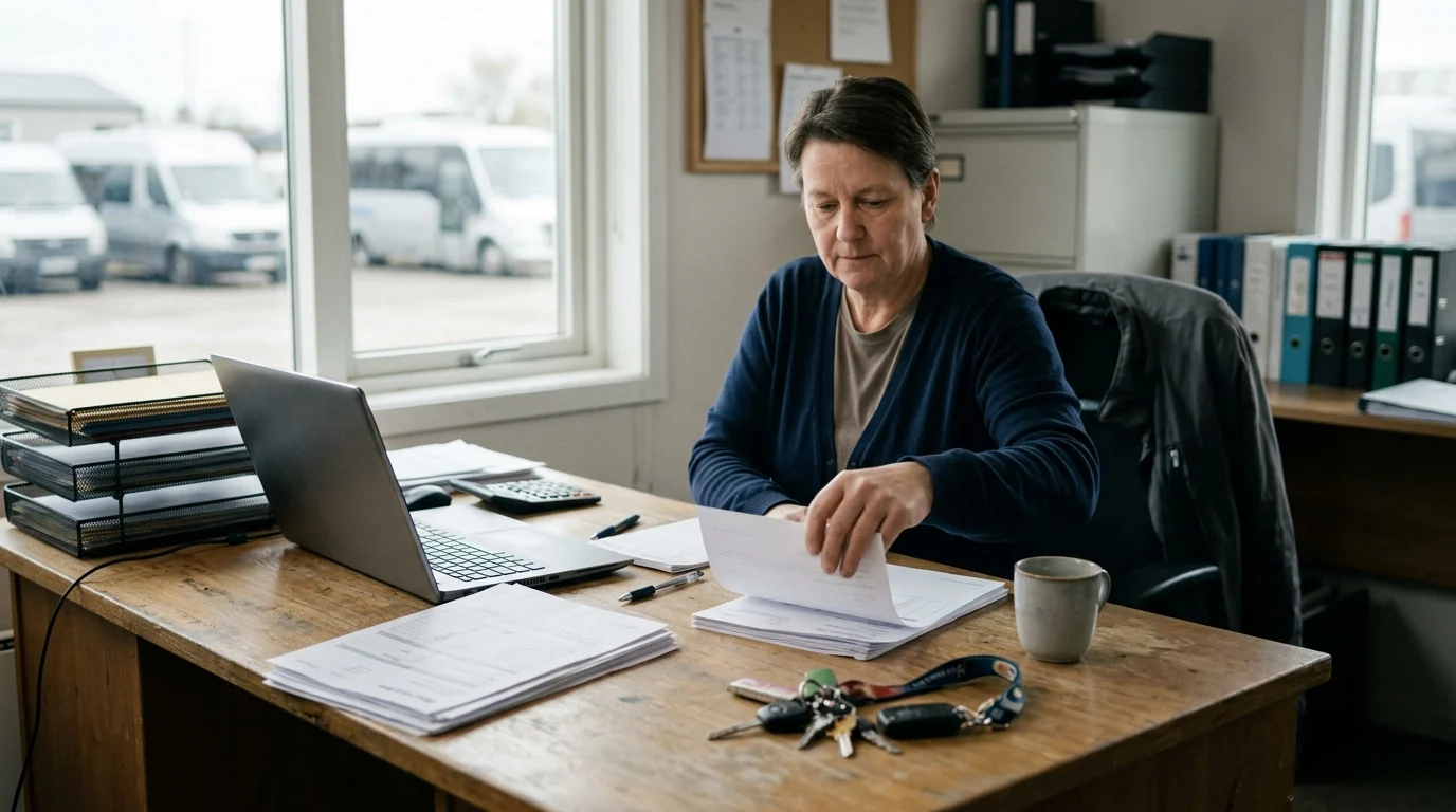 Gestionnaire de transport examinant des dossiers et documents de gestion à son bureau.