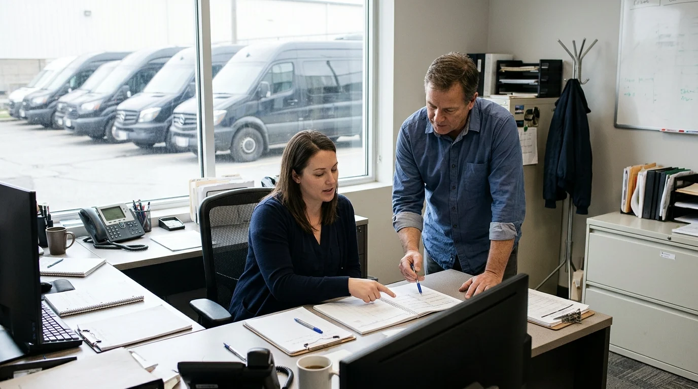 Team preparing journeys in a passenger transport operations office.