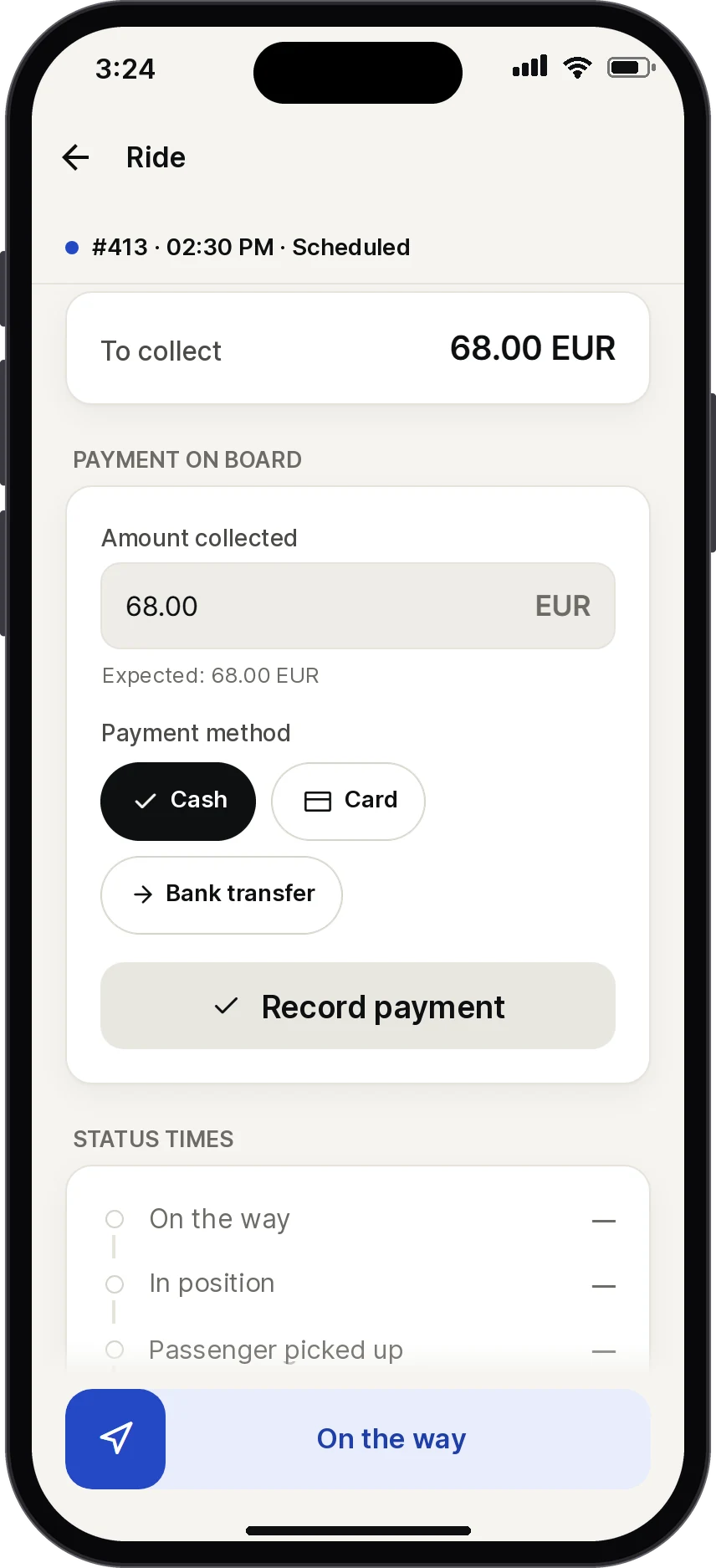 Payment screen: 68 EUR to collect, Cash selected as the payment method.