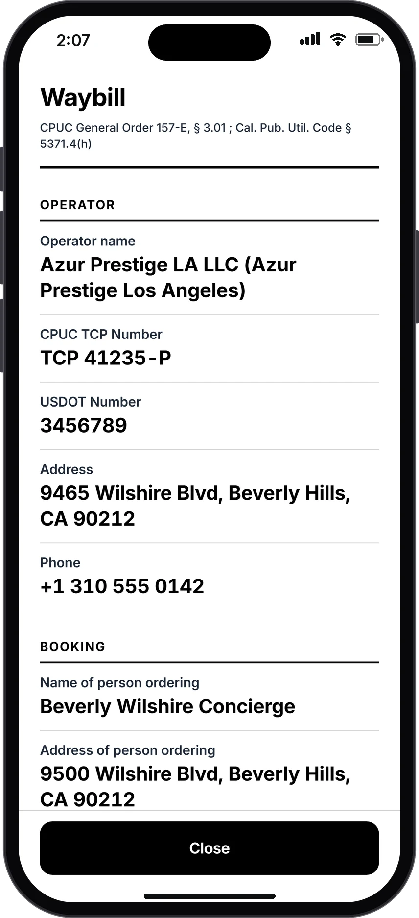 Full-screen waybill for a California operator: operator name, CPUC TCP number, USDOT number and booking details.