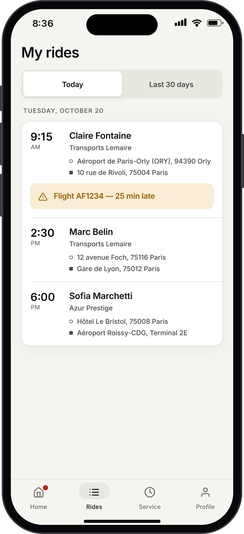 Today’s trips: three trips with time, passenger, company and route, including a delay alert for flight AF1234.