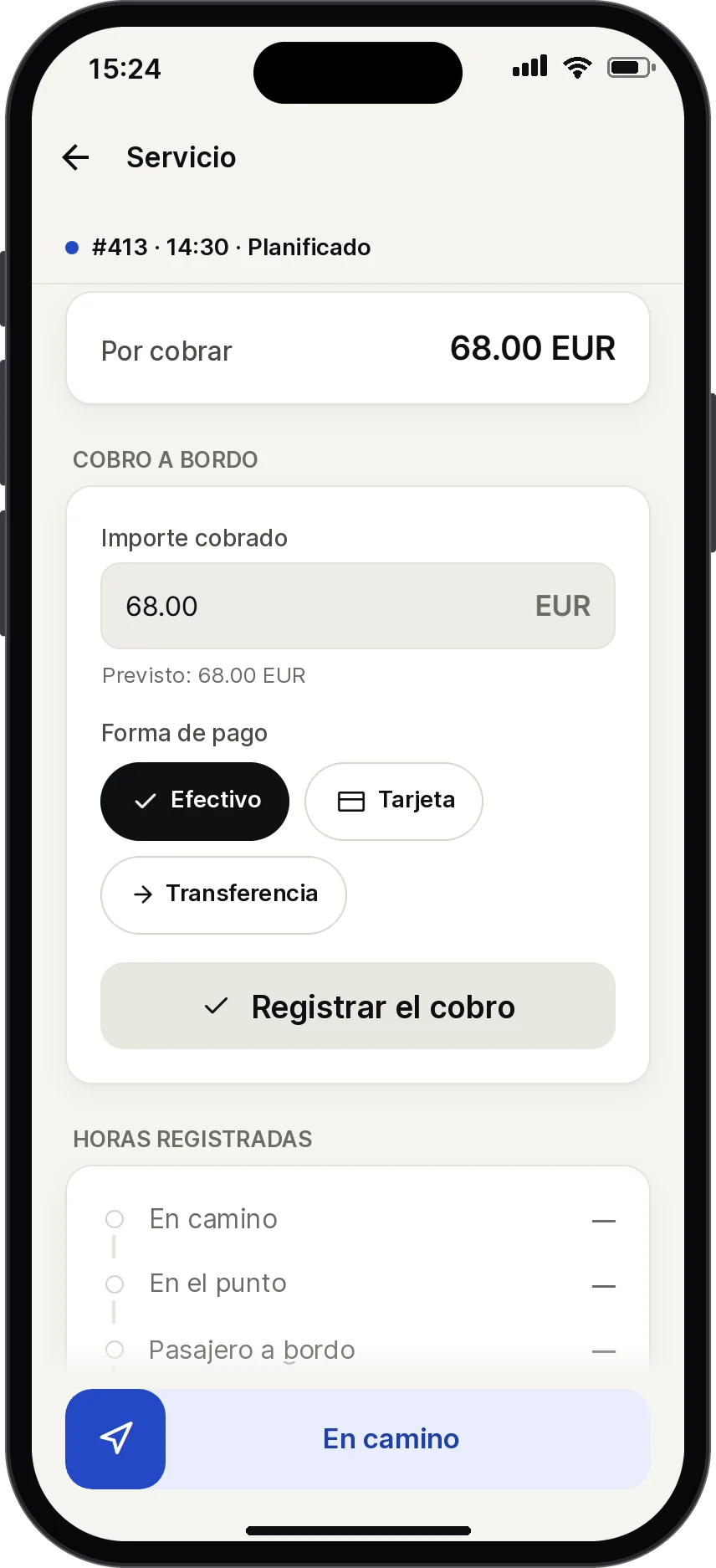 Pantalla de cobro: 68 EUR por cobrar, forma de pago Efectivo seleccionada.