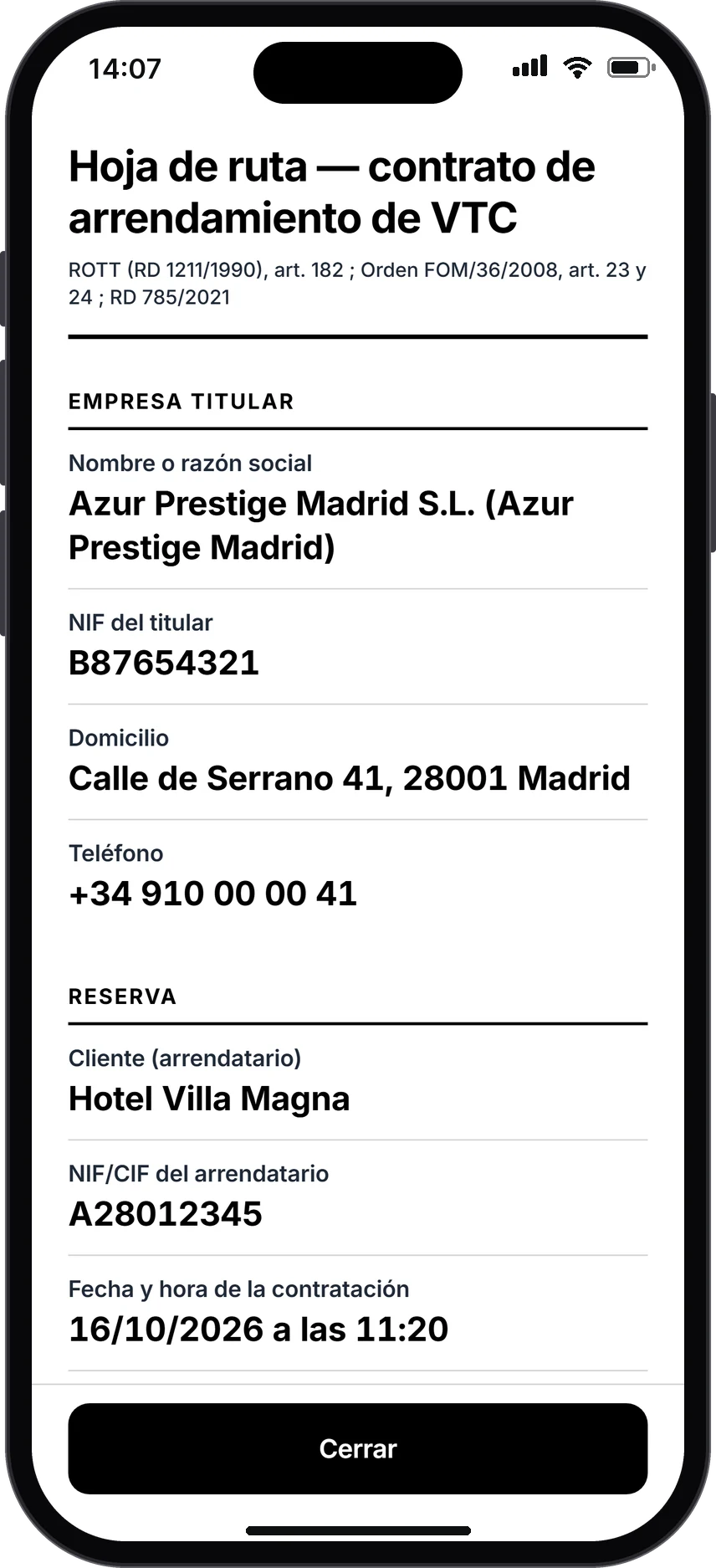 Hoja de ruta del contrato de arrendamiento de VTC a pantalla completa: empresa titular, NIF, domicilio y datos de la reserva.