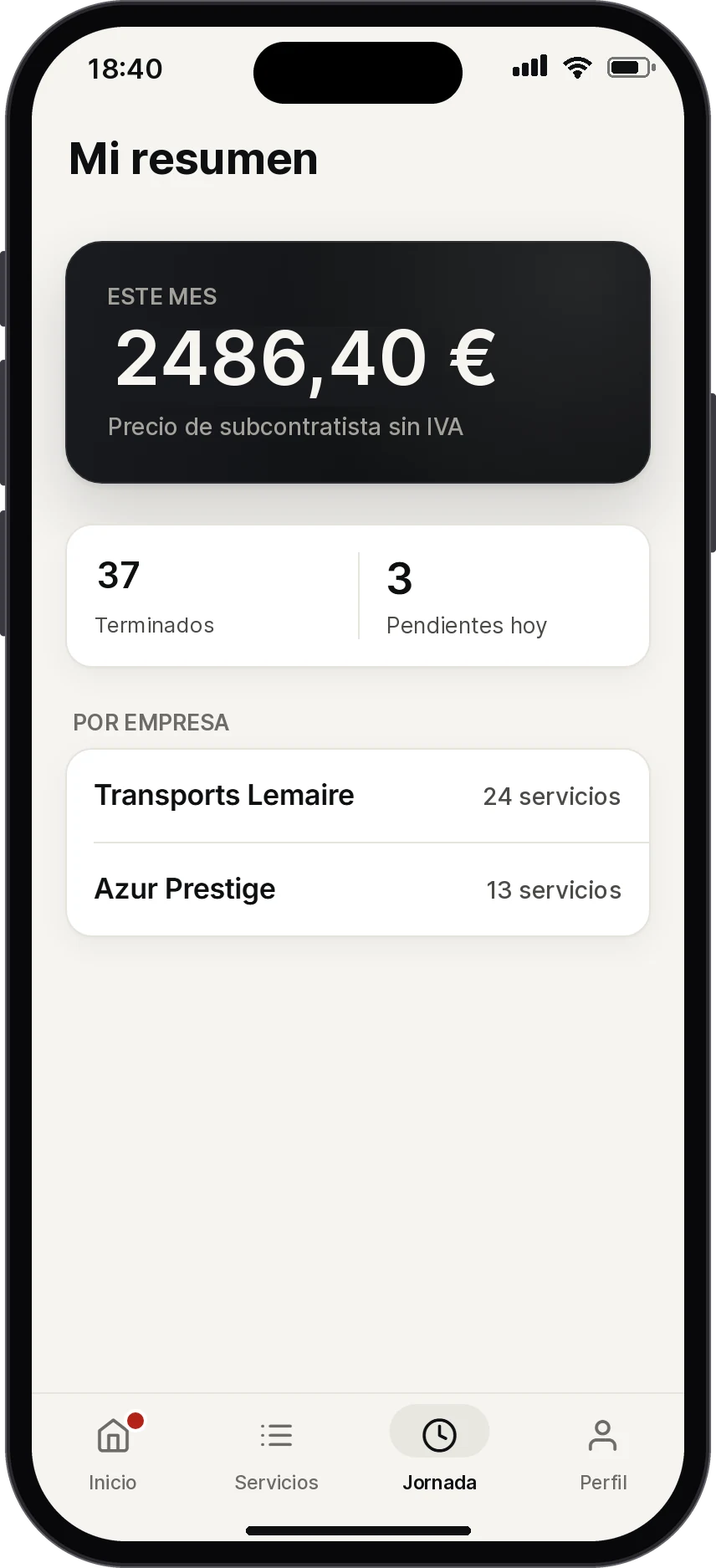 Pantalla Mi resumen: 37 servicios terminados este mes entre dos empresas.