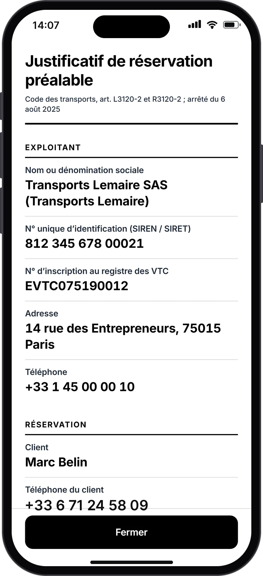 Justificatif de réservation préalable affiché en plein écran : exploitant, SIRET, numéro d’inscription au registre VTC et réservation.