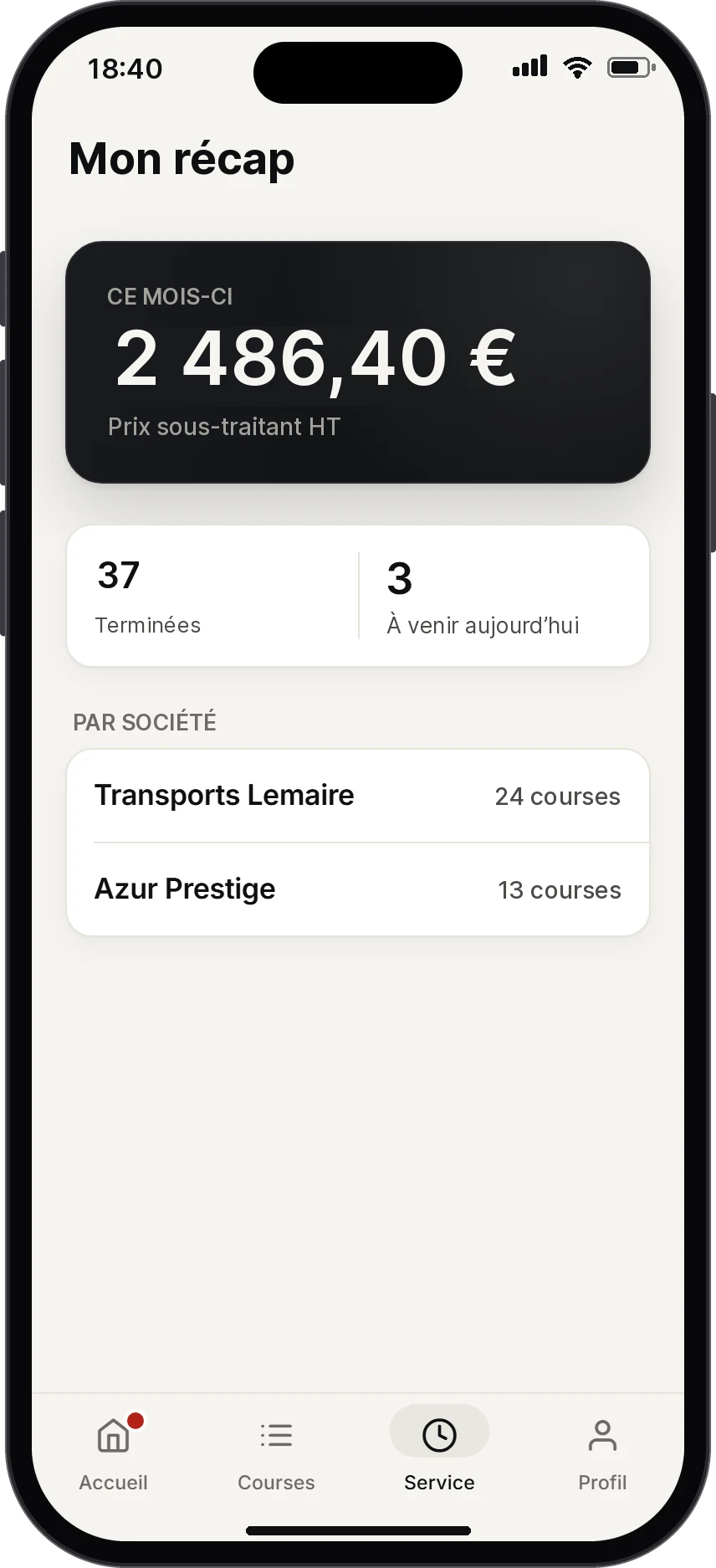Écran Mon récap : 37 courses terminées ce mois-ci, réparties entre deux sociétés.