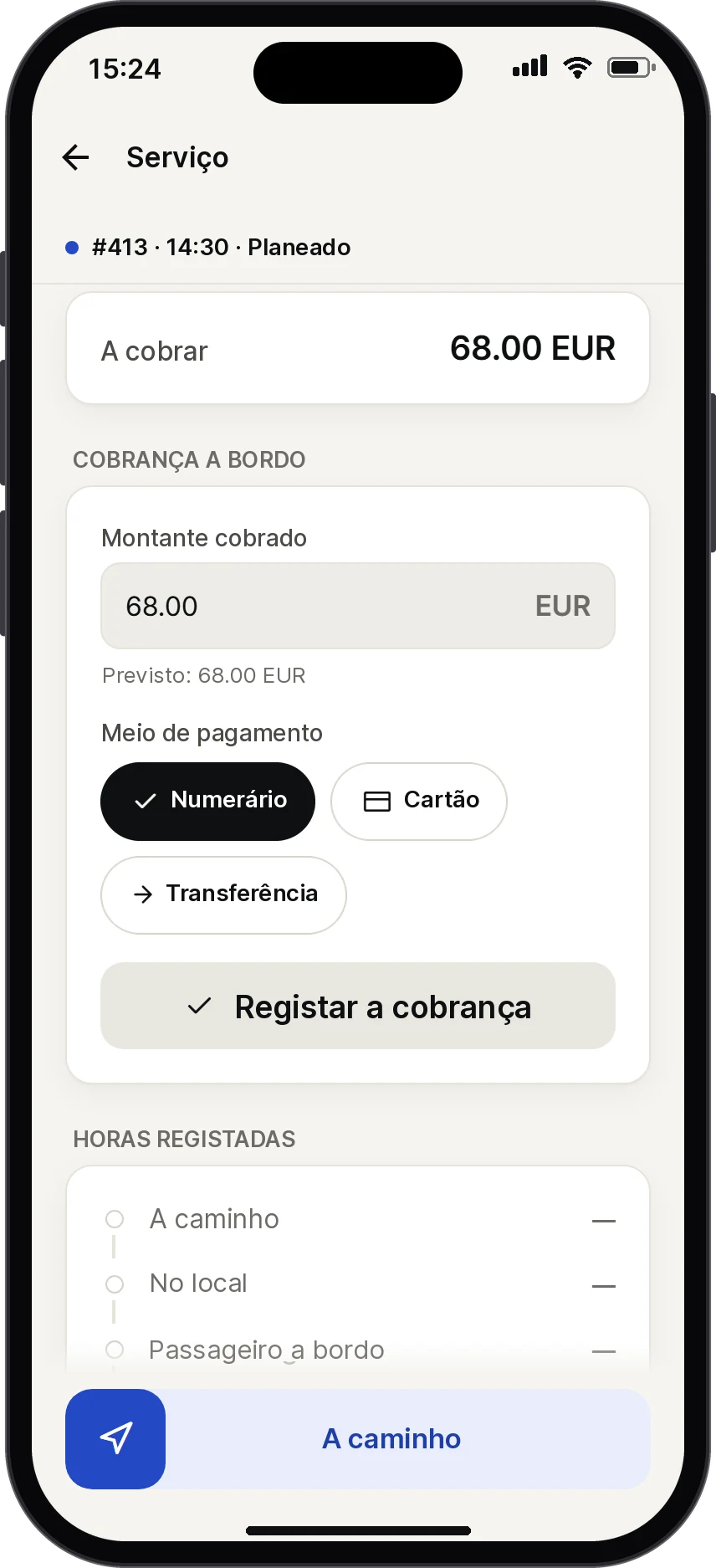 Ecrã de cobrança: 68 EUR a cobrar, meio de pagamento Numerário selecionado.