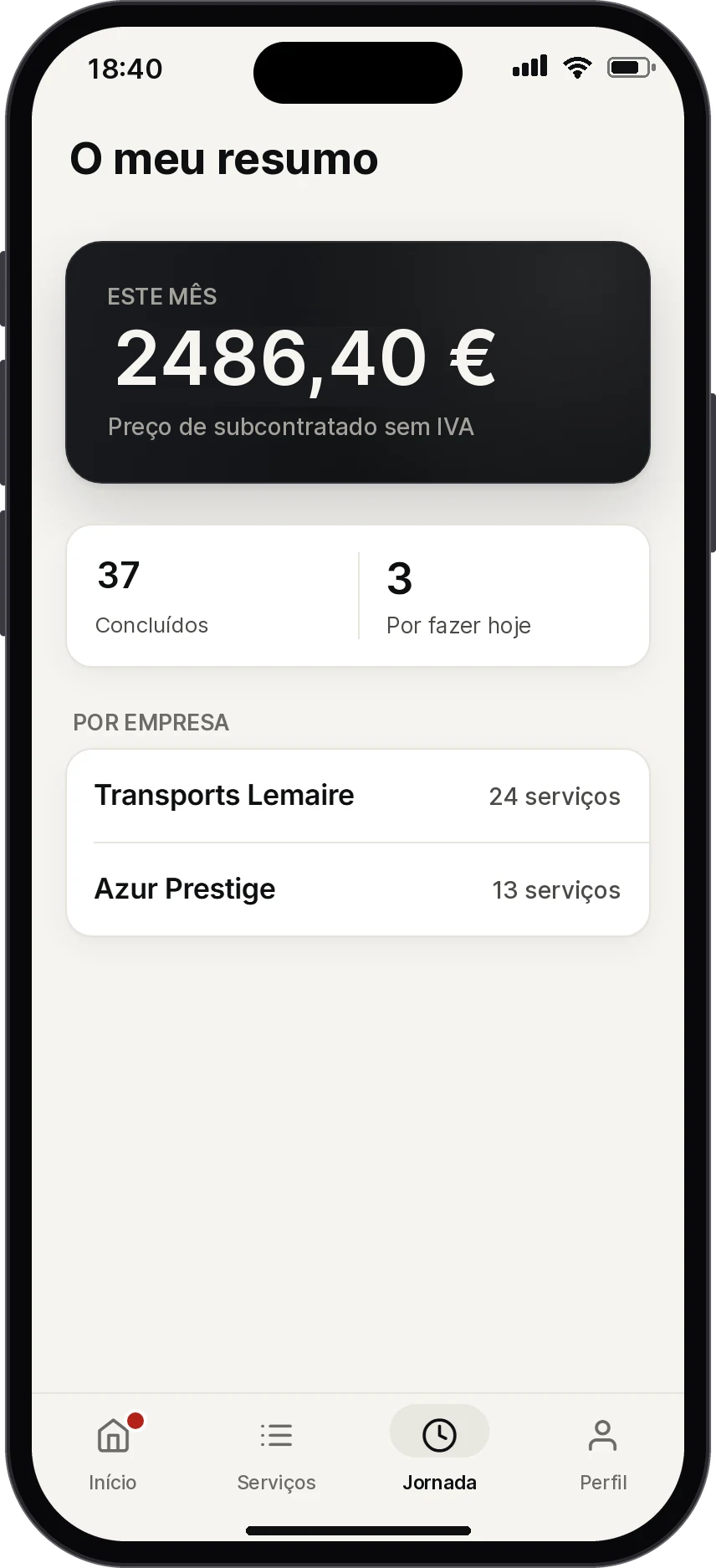 Ecrã O meu resumo: 37 serviços concluídos este mês em duas empresas.
