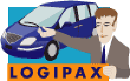 First Logipax logo: a blue people carrier drawn in flat colours, a man in a suit beside it, and the word LOGIPAX on an orange band.