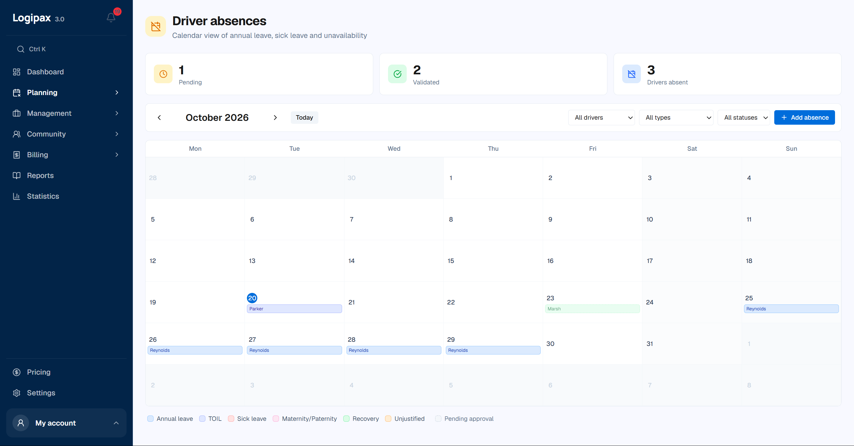 Absence calendar: leave, sick days and unavailability by driver, with a key to the reasons