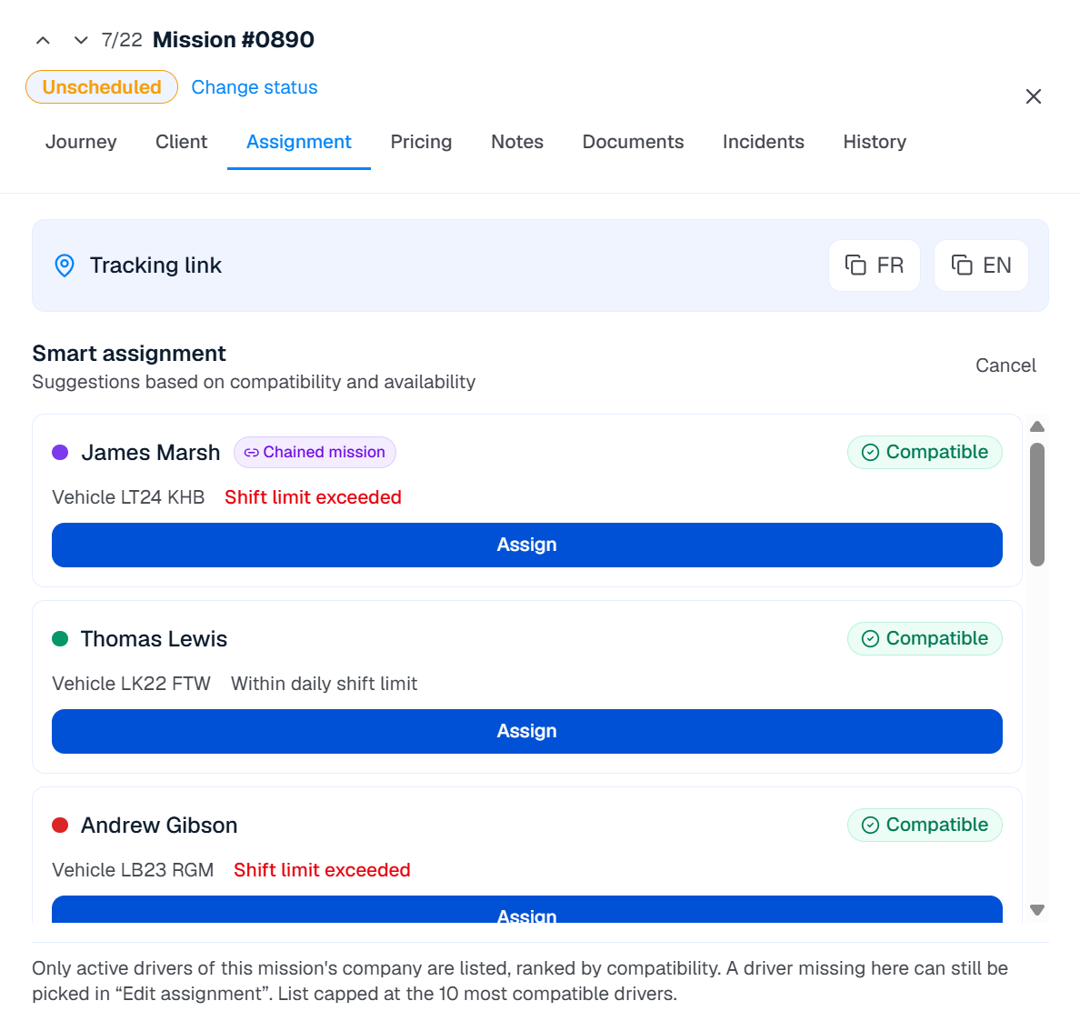 Smart assignment: drivers suggested by compatibility, a linked trip and a daily span overrun alert