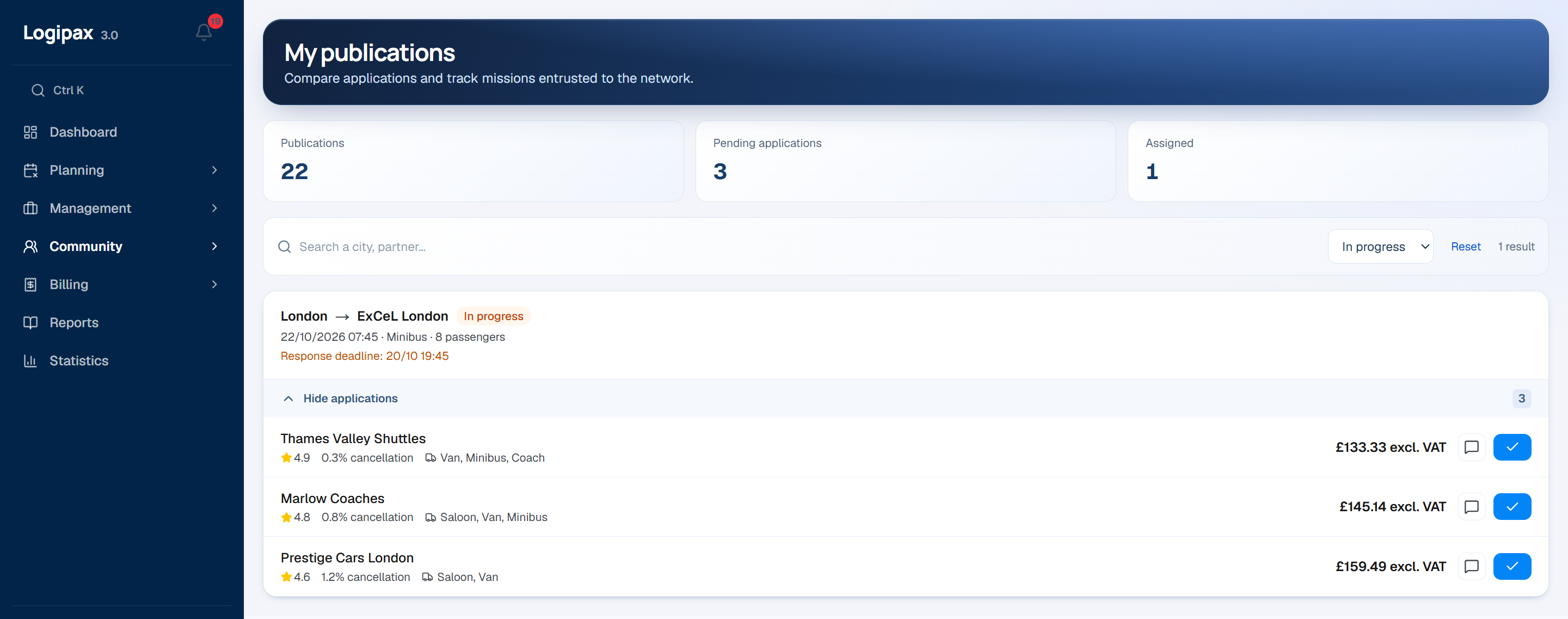 My listings: a trip published to the Community and the three applications received, with rating, cancellation rate and price