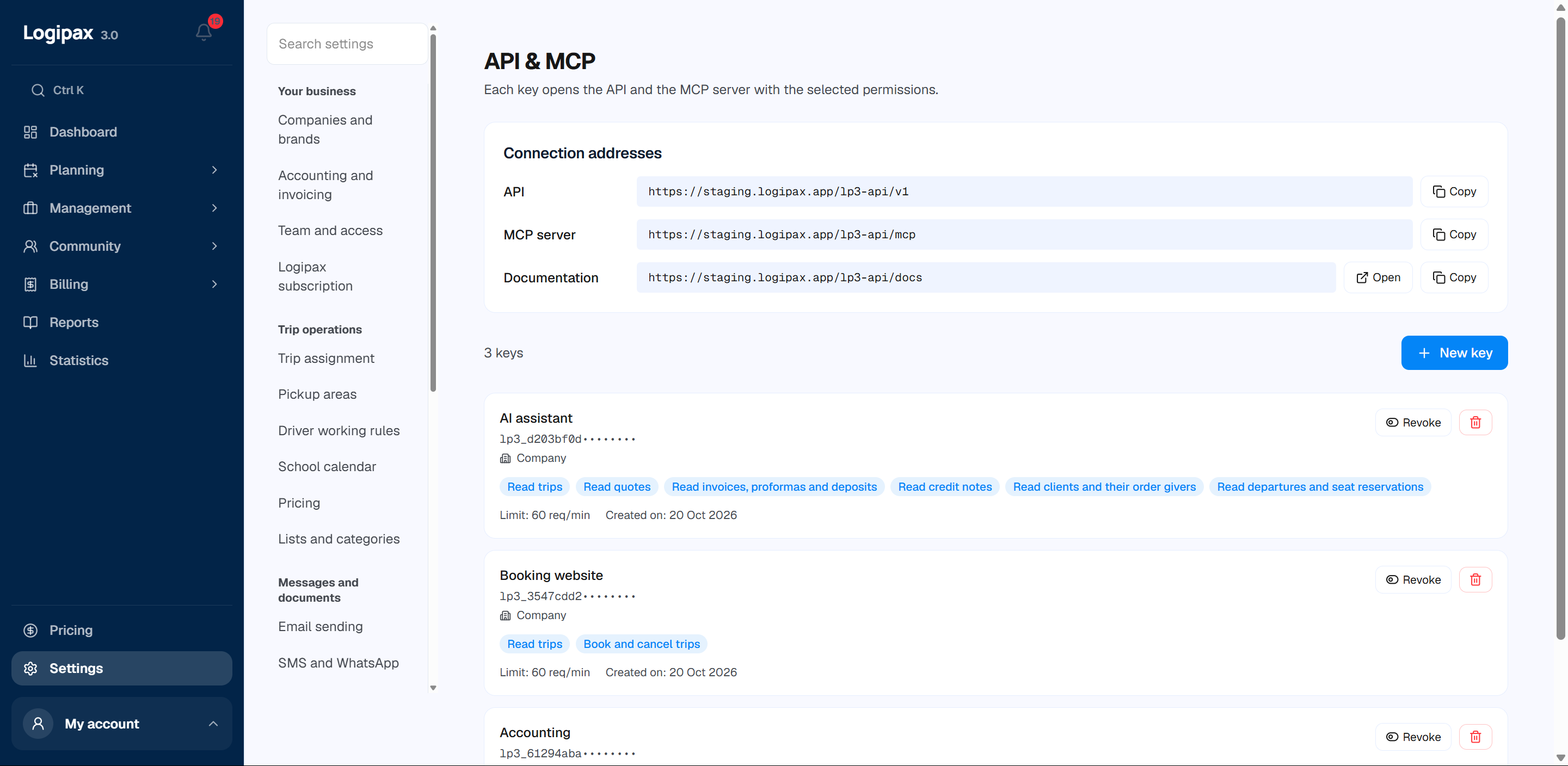 List of API keys: three keys named after their use, their active or revoked status, their permissions as labels, their call limit and their creation date