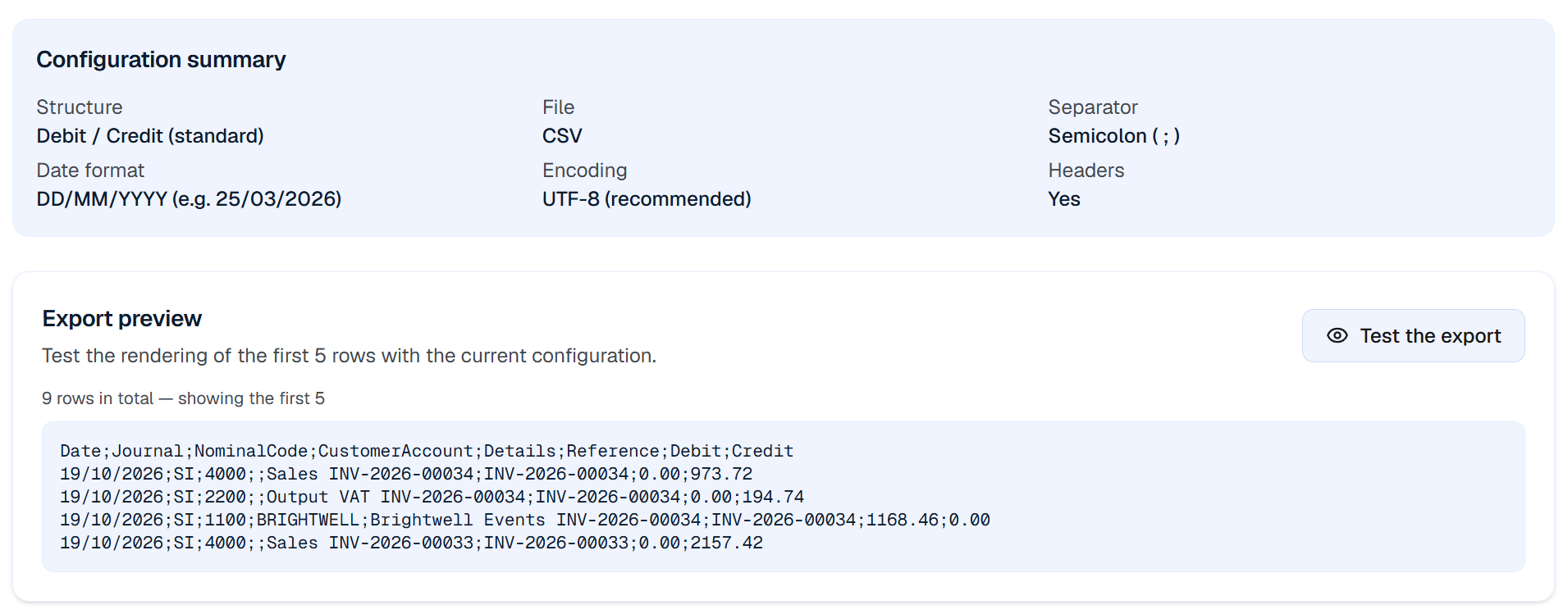 Preview of the accounting export: structure, format and first entries