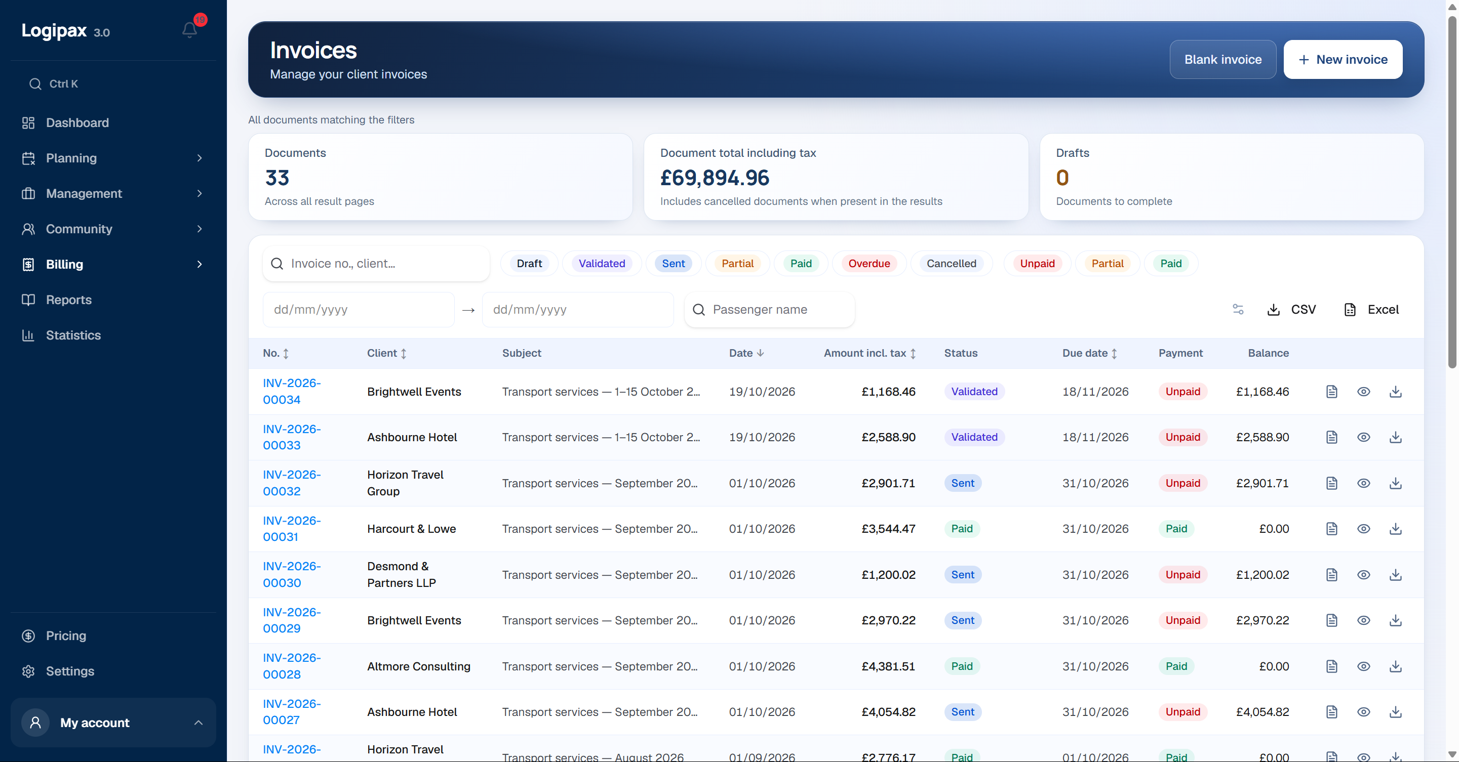 List of invoices: continuous numbering, paid / part-paid / unpaid statuses