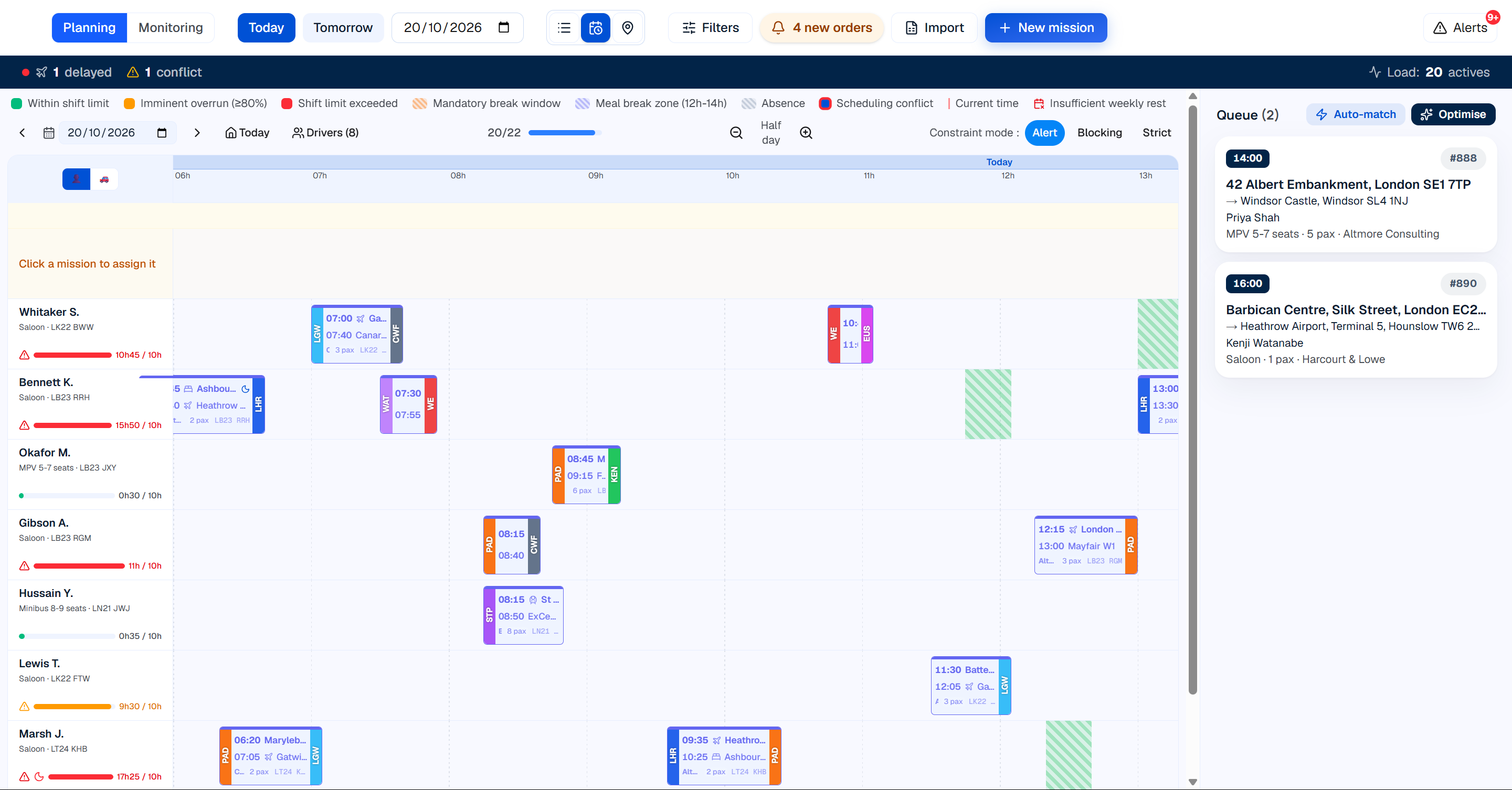 Timeline schedule: one row per driver, trips placed at their time, the queue of trips to allocate and the automatic allocation buttons.