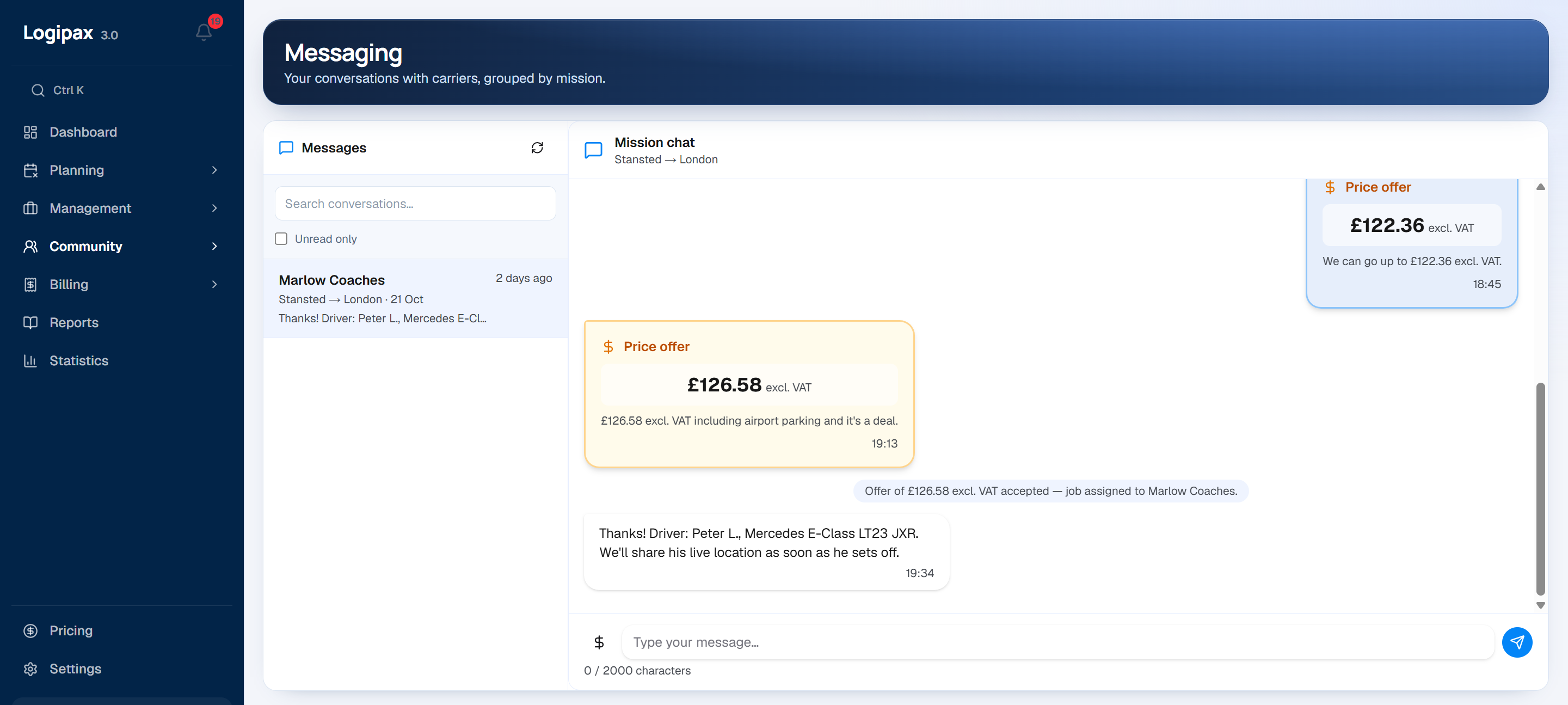 Messaging for a published trip: offers of €145 then €150 excluding tax, offer accepted and trip awarded