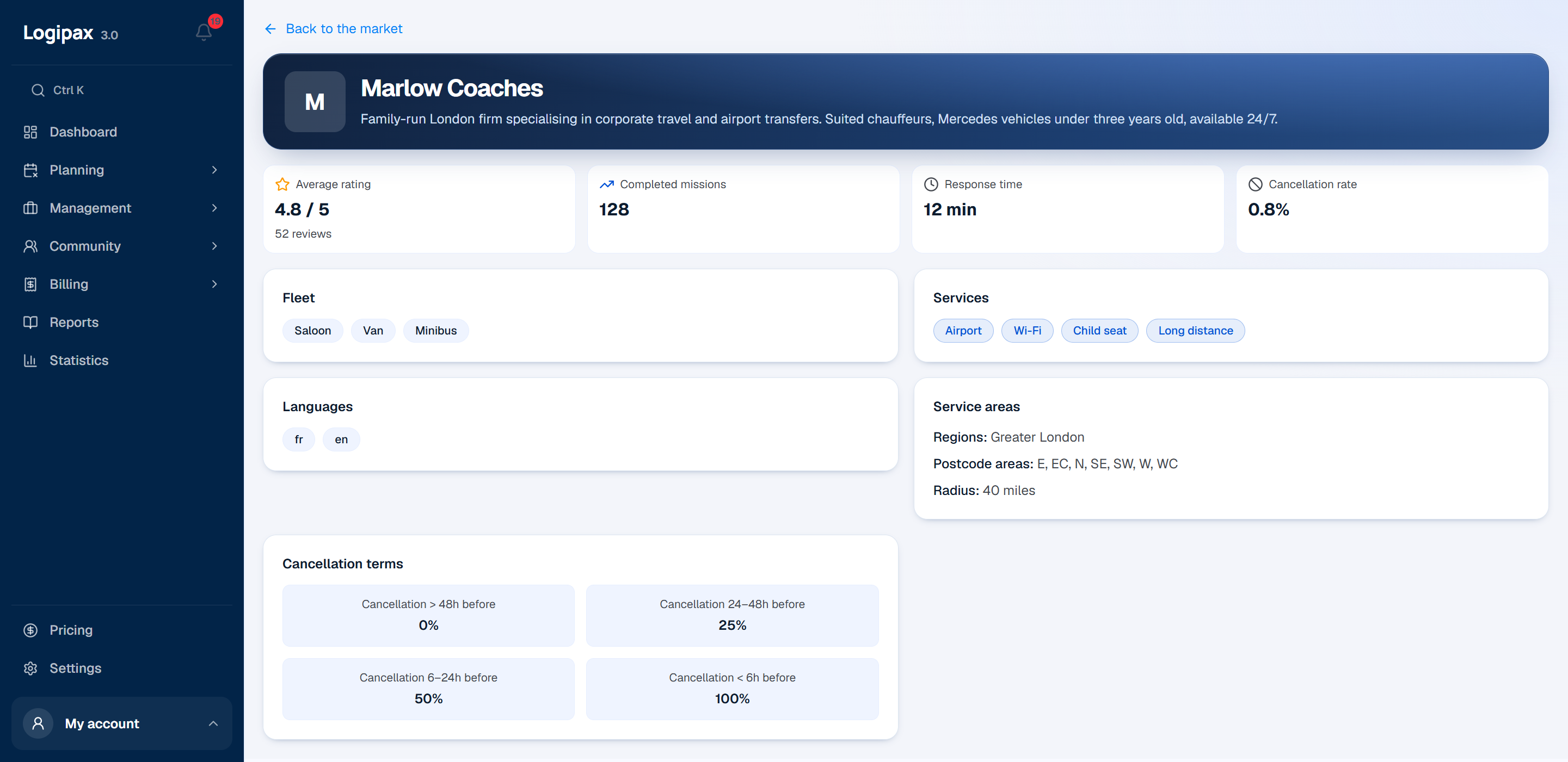 An operator’s Community profile: introduction, rating, trips completed, response time, fleet, services, languages, areas and cancellation terms