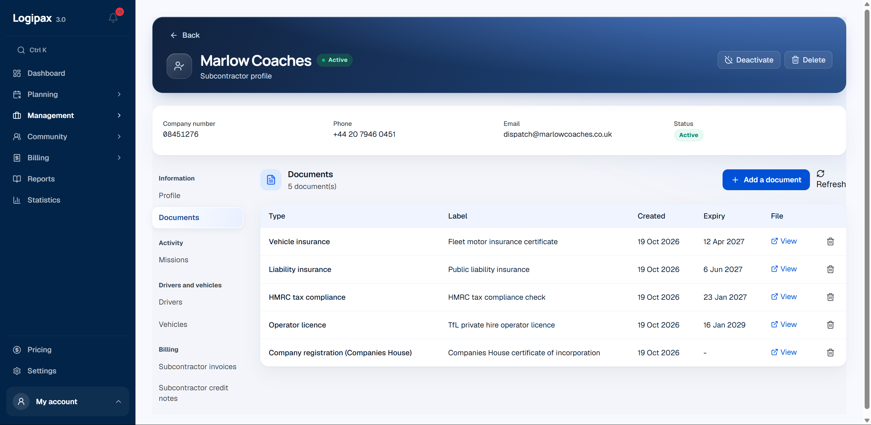 A subcontractor’s documents: licence, compliance certificate, insurance and tax compliance, with their status of up to date, expiring soon or missing