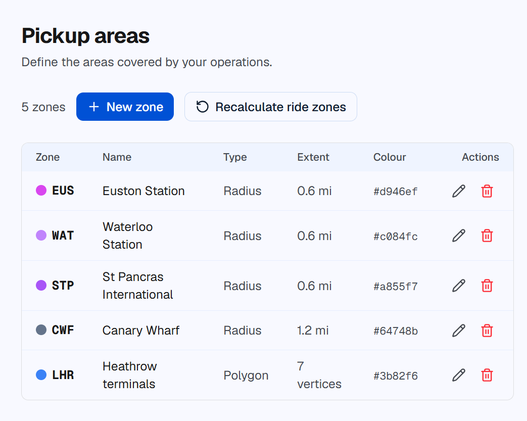 Map of dispatch zones: zones drawn around airports and stations, with their list alongside