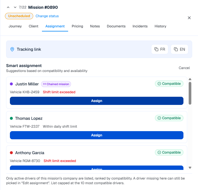 Smart assignment: drivers suggested by compatibility, a linked trip and a daily span overrun alert