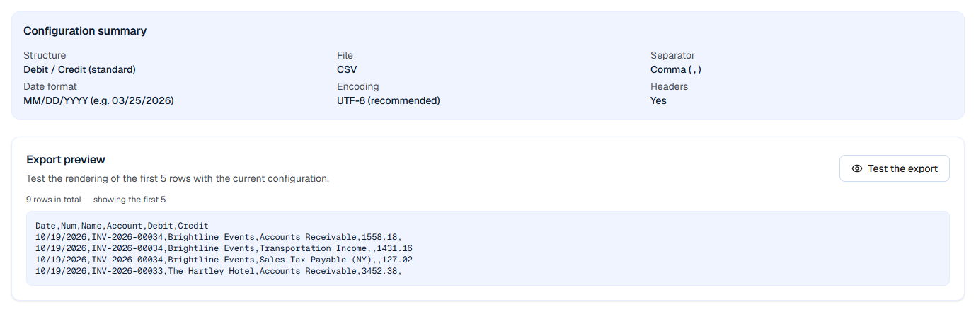 Preview of the accounting export: structure, format and first entries