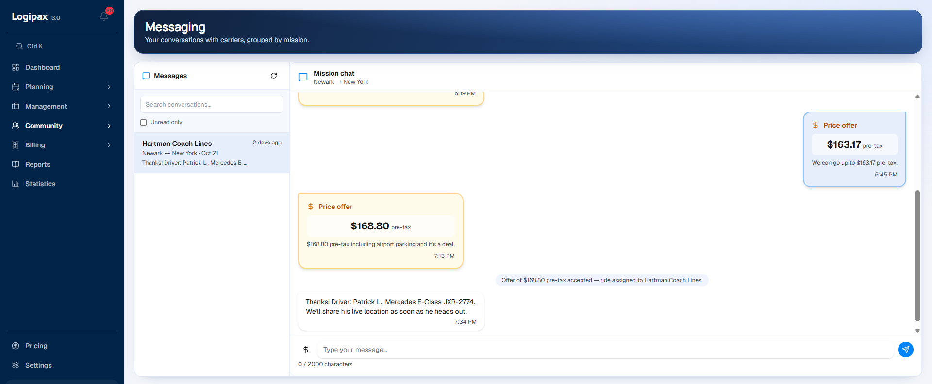 Messaging for a published trip: offers of €145 then €150 excluding tax, offer accepted and trip awarded