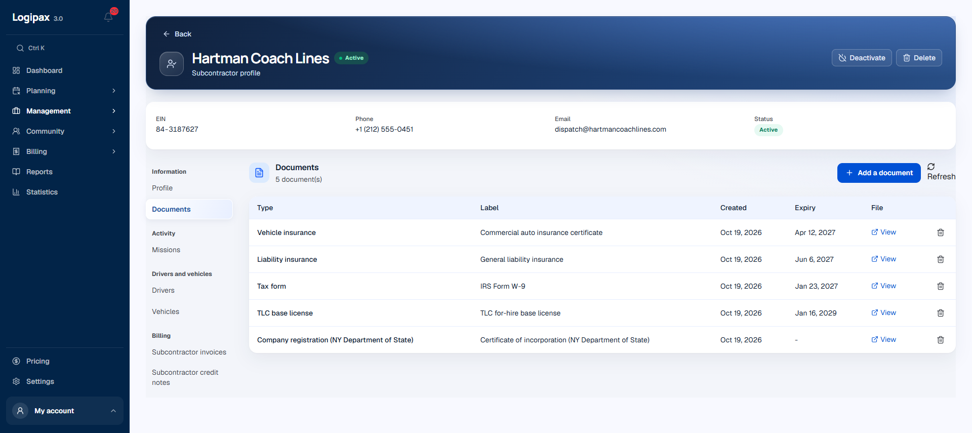 A subcontractor’s documents: license, compliance certificate, insurance and tax compliance, with their status of up to date, expiring soon or missing
