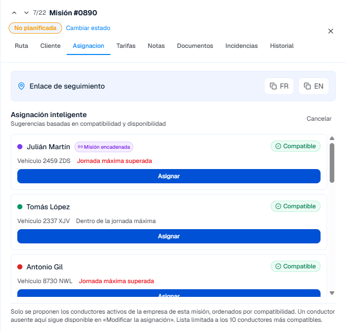 Asignación inteligente: conductores propuestos por compatibilidad, servicio encadenado y alerta de exceso de amplitud