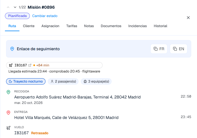Detalle de un servicio con vuelo seguido: estado, hora estimada de llegada comprobada, recogida e itinerario