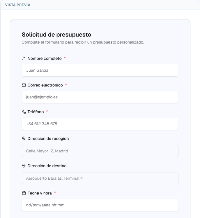 Formulario de presupuesto integrado en una web: colores personalizados, campos de la solicitud