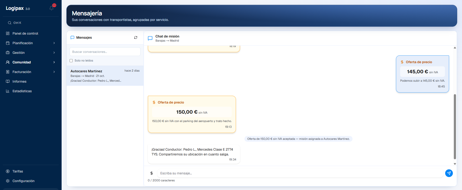 Mensajería de un servicio publicado: ofertas de 145 € y luego 150 € sin impuestos, oferta aceptada y servicio adjudicado