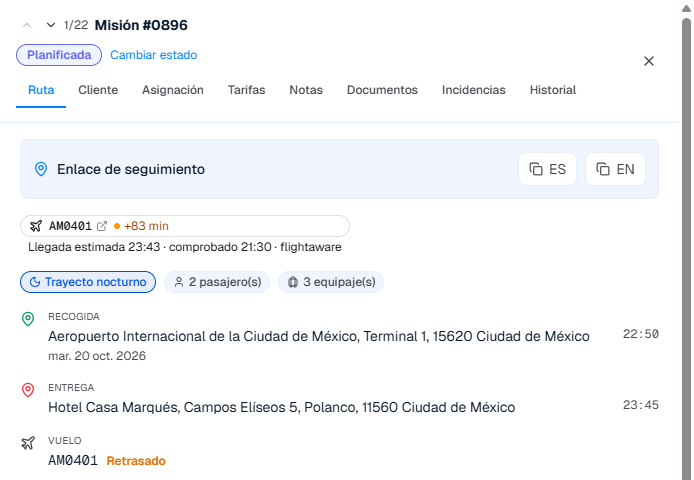 Detalle de un servicio con vuelo seguido: estado, hora estimada de llegada comprobada, recogida e itinerario