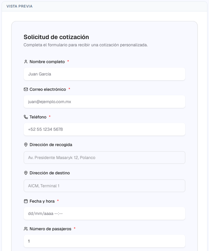 Formulario de cotización integrado en una web: colores personalizados, campos de la solicitud