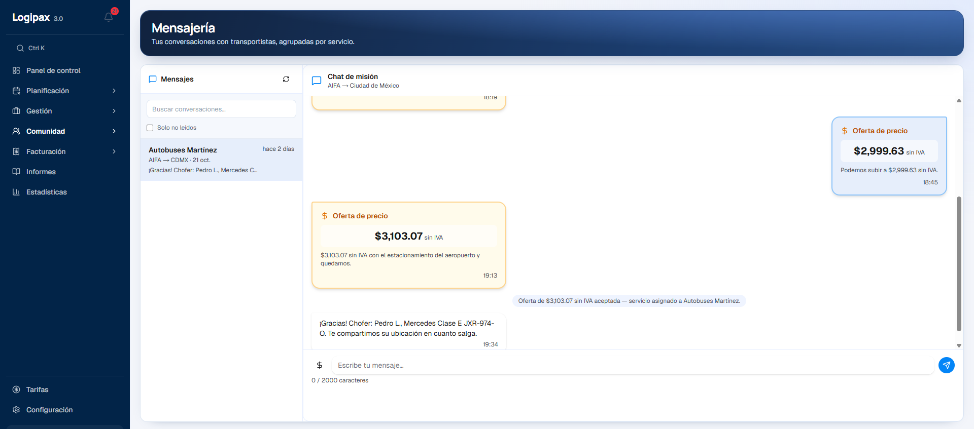 Mensajería de un servicio publicado: ofertas de 145 € y luego 150 € sin impuestos, oferta aceptada y servicio adjudicado