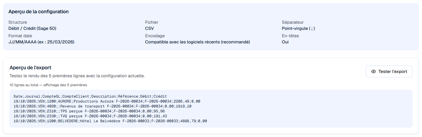 Aperçu de l'export comptable : structure, format et premières écritures