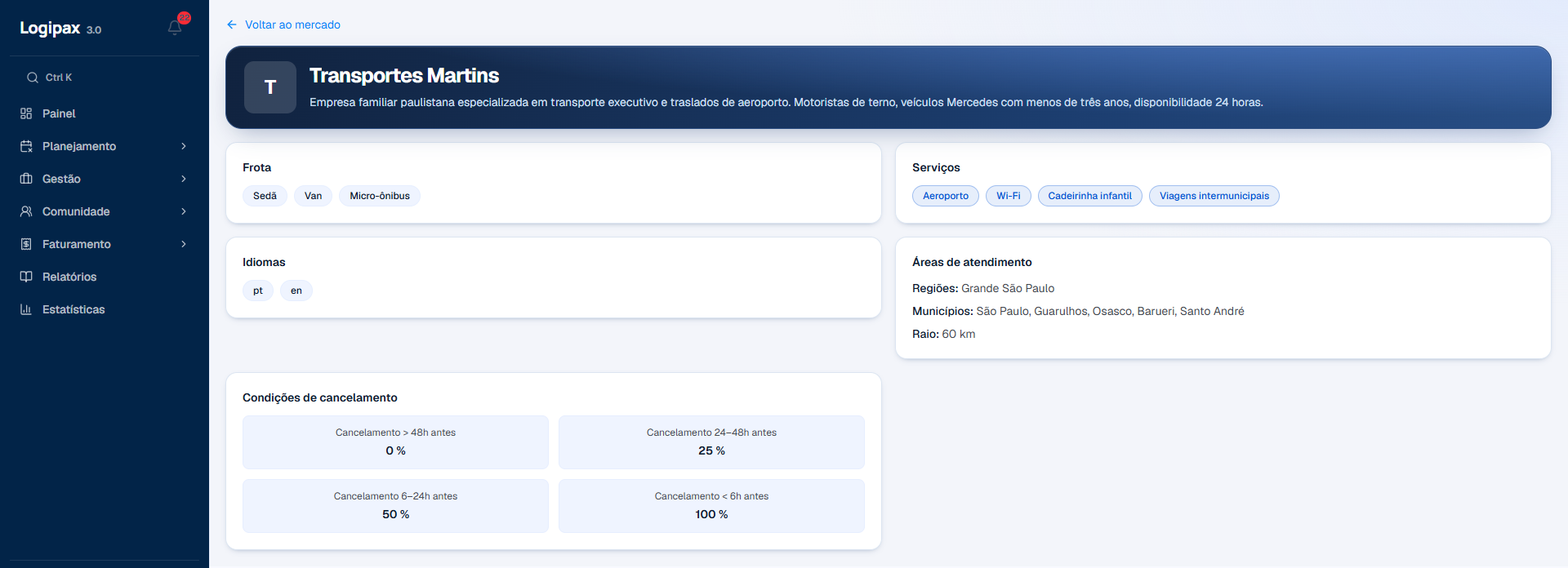 Perfil comunitário de um transportador: apresentação, nota, missões realizadas, tempo de resposta, frota, serviços, idiomas, regiões e condições de cancelamento