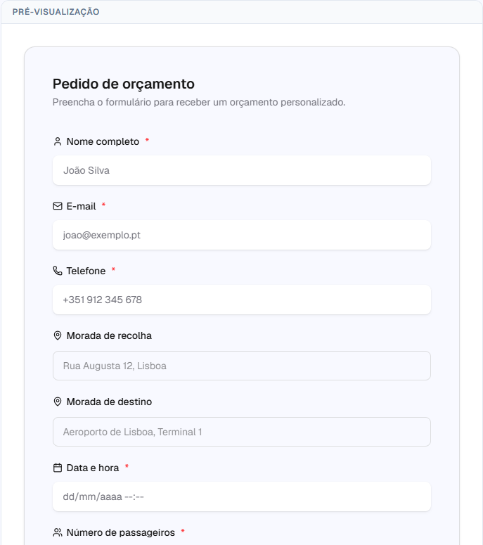 Formulário de orçamento integrado num sítio web: cores personalizadas, campos do pedido