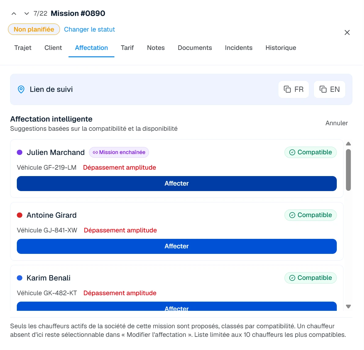 Affectation intelligente d'une course : chauffeurs proposés par compatibilité, mission enchaînée, alerte de dépassement d'amplitude et bouton Affecter.